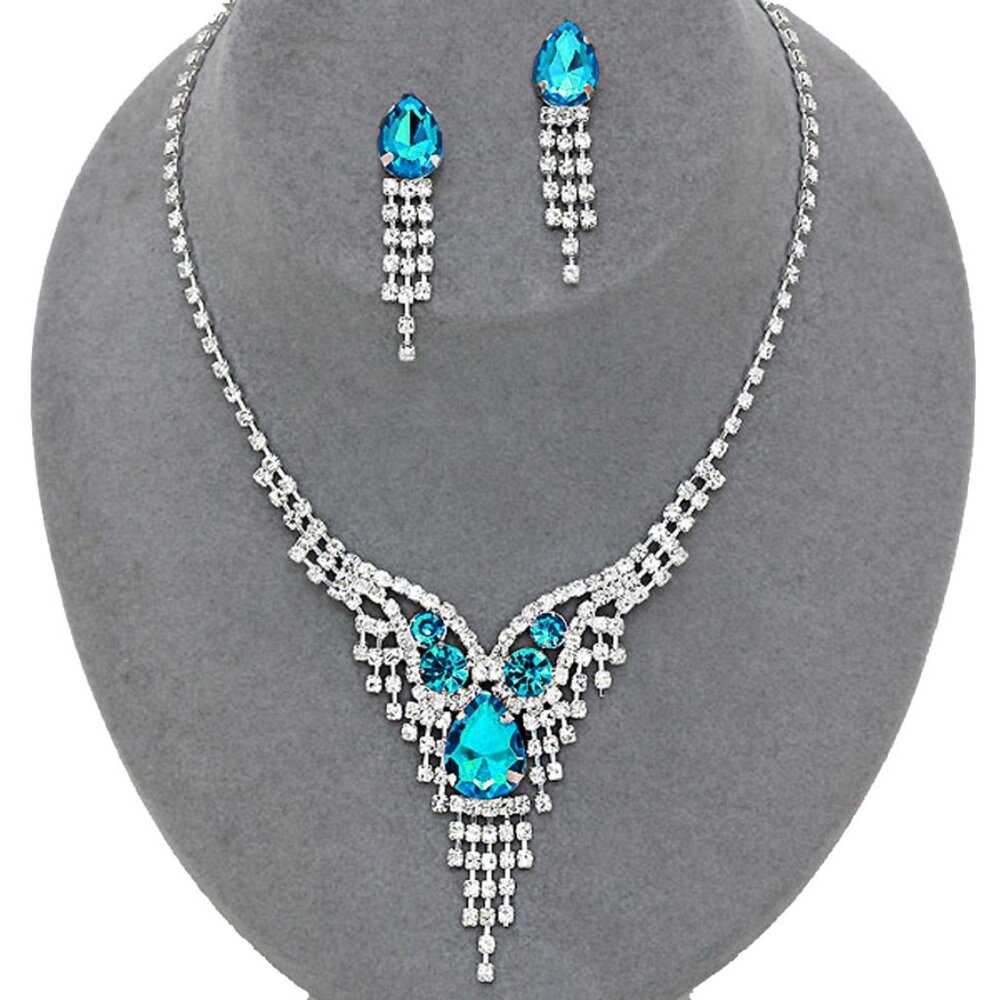 Aqua Silver Crystal Rhinestone Necklace Set Teardrop Prom Wedding Formal